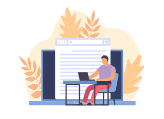 Copywriting. Content marketing, online advertising, guy with laptop writes articles, document on computer screen, writer or journalist, typing and editing text, vector cartoon concept