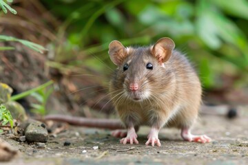 Wild brown rat standing on a concrete surface near green vegetation, displaying curiosity and alertness in its natural environment