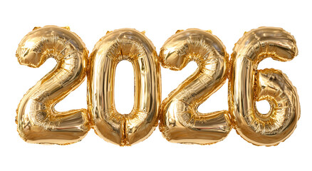 Gold foil balloons shaped to form the year 2026 against a solid black background