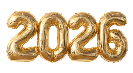 Gold foil balloons shaped to form the year 2026 against a solid black background
