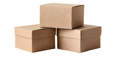 Three stacked, small, square cardboard boxes with lids, in a triangular arrangement