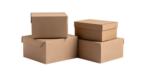 Four stacked cardboard boxes with lids, isolated on a solid black background