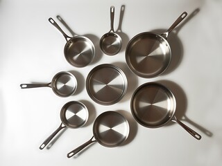Flat lay composition of various sizes of stainless steel cookware, including pots and pans