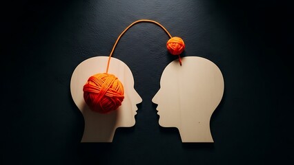 Wooden head silhouettes connected by an orange yarn symbolizing communication and shared thought processes
