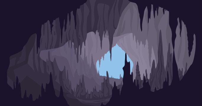 Cave limestone landscape. Cavern inside view, stalagmites and stalactites formations, geology, mineral deposits, nature underground, mountain exploration, qualitative vector concept