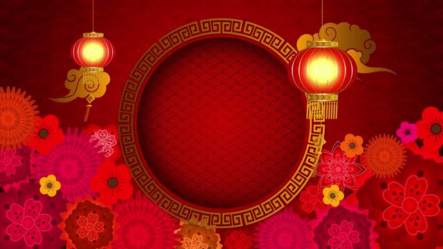 Luxury golden vintage frame with red floral ornament chinese new year