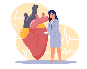 Cardiology clinic. Inpatient department, tiny female cardiologist doctor listens to big heart, examination in hospital, prevention and treatment, vector cartoon isolated healthcare concept