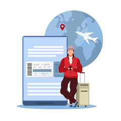 Buying tickets online. Happy traveler with luggage is ready for departure, boarding pass on smartphone screen, mobile flight booking or check in cartoon flat style isolated vector concept