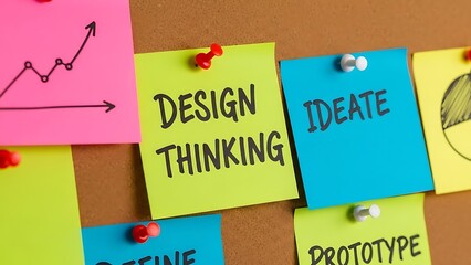 Colorful sticky notes detail the key phases of design thinking methodology pinned to a corkboard