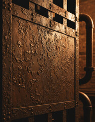 Weathered Iron Door with Barred Elements and Rustic Industrial Piping Design