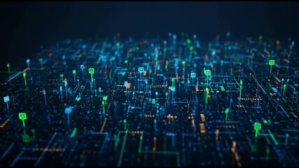 Futuristic cityscape with glowing blue and green digital grid overlay at night. - Powered by Adobe