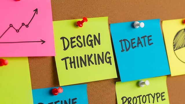 Colorful sticky notes detail the key phases of design thinking methodology pinned to a corkboard