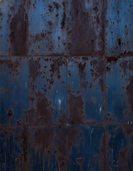Weathered steel surface with blue and brown hues displaying age and texture prominently