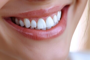 Obraz premium Close up of perfect smiling female mouth showing healthy white teeth