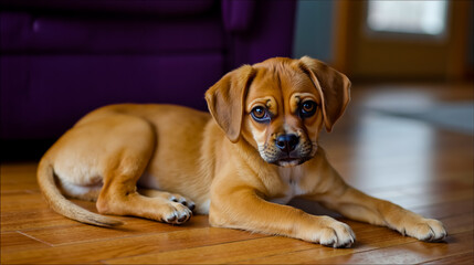A brown puppy with floppy ears and big eyes is sitting on a wooden floor