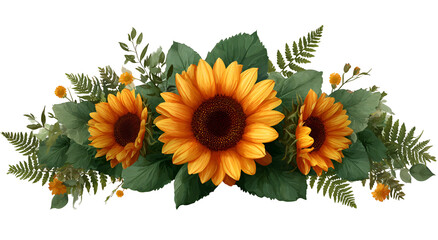 Vibrant illustration of sunflowers, leaves, and fern-like foliage arranged across