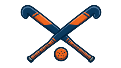 Crossed sticks with a ball, representing a field sport, with blue, orange, and black
