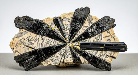 Radial biotite sun aggregate consisting of dark mica flakes embedded in a light colored feldspar pegmatite.