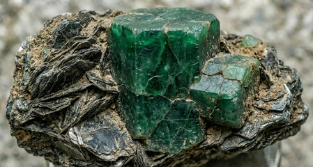 Obraz premium Green emerald beryl crystals in a light colored micaceous matrix from a geological collection.