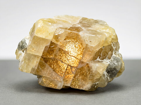 Oligoclase feldspar variety showing shimmering optical effect caused by light reflection from internal hematite or goethite flakes
