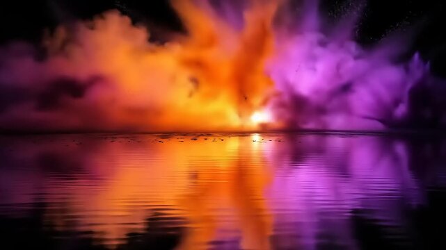 Abstract landscape showing colorful clouds and their reflections on water. A dark sky complements it