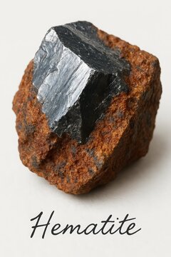 Metallic hematite crystal embedded in rusty matrix, isolated studio specimen