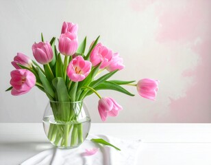 Pink tulips in a vase on a table