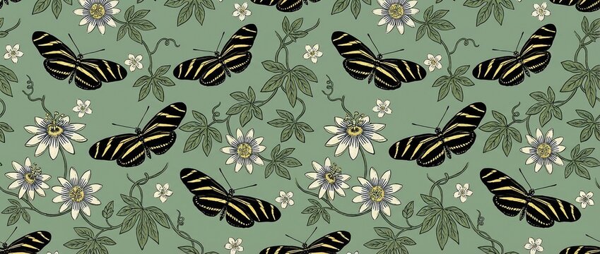 Seamless pattern with zebra longwing butterflies and passionflowers