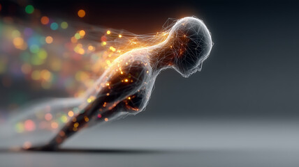 A glowing, wireframe human silhouette surging forward, trailing vibrant bokeh lights and digital particles. Represents artificial intelligence, digital consciousness, and the speed of innovation.