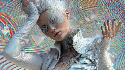 Futuristic female image in white textured outfit with pixel decay and crystals effect. Creative 3D illustration in cyberpunk style with bright abstract background and digital glitch.