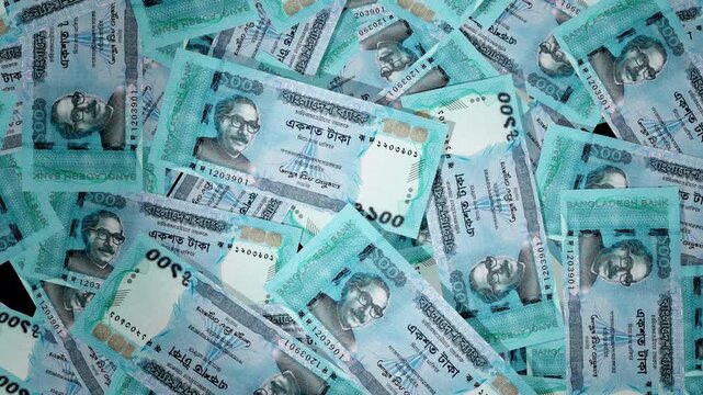 Top View 3D Animation of Scattered Bangladeshi Taka Banknotes on Floor, Rotating and Zooming Camera, Realistic Paper Money Cash Motion, Financial Economy Concept, 4K UHD Stock Video