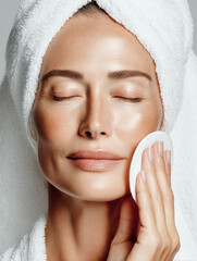 45&ndash;50 year old woman with natural skin texture receiving gentle skincare treatment, spa beauty portrait