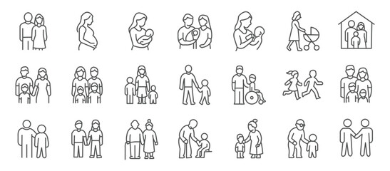 Family and parenting line icon set. Vector pictograms of couples, single parents, children, elderly, baby, newborn, teenager thin linear illustration. © Bushra
