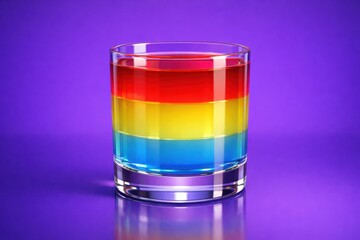 A stunning short glass featuring distinct horizontal layers of bold red, bright yellow, and deep blue liquid against a seamless purple background.