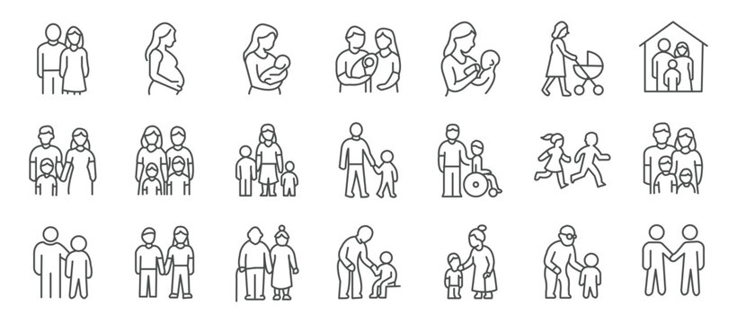 Family and parenting line icon set. Vector pictograms of couples, single parents, children, elderly, baby, newborn, teenager thin linear illustration.