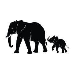 Obraz premium A mother elephant and her calf walking together in silhouette