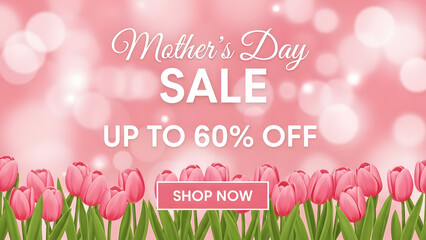 Mother's Day Sale banner with pink tulips and bokeh lights offering up to 60% off mothers day