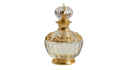 Luxury ornate glass perfume bottle with gold details isolated on white background for fragrance branding, cosmetics marketing and elegant product presentation photography
