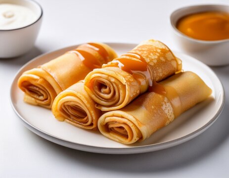 panqueques de dulce de leche thin crepes rolled and filled with caramel spread plated white