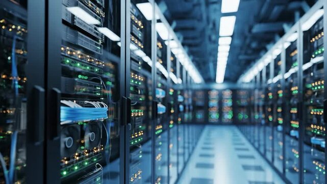 AI data center. Modern data center with illuminated servers and network cables in a blue-lit corridor.