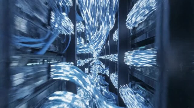 AI data center. Modern data center with illuminated servers and network cables in a blue-lit corridor.