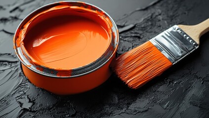 Vibrant orange paint can and brush resting on a dark, textured surface, ready to create