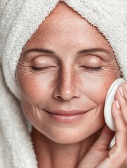 45&ndash;50 year old woman with natural skin texture receiving gentle skincare treatment, spa beauty portrait