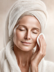 45&ndash;50 year old woman with natural skin texture receiving gentle skincare treatment, spa beauty portrait