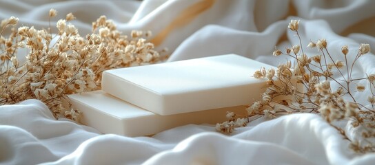 Two smooth bars stacked on draped white fabric, adorned with delicate dried flowers, soft light