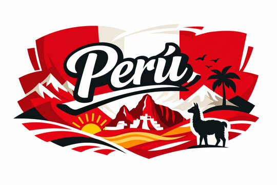 Stylized vector graphic of Peruvian flag with modern flat shapes and text Peru