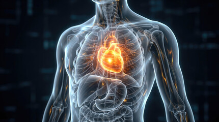 Anatomical rendering displays a translucent human torso with a glowing orange heart visible in the chest cavity