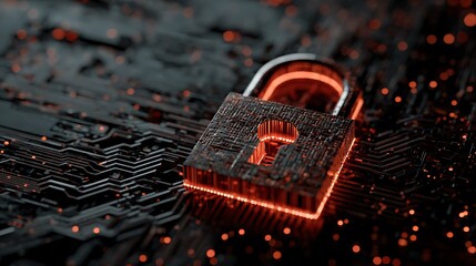 Metallic padlock glowing orange sits atop a dark circuit board, symbolizing cyber security