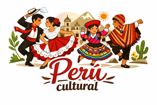 Vector illustration of Peruvian traditional dances Marinera and Huayno with stylized characters and text Peru cultural