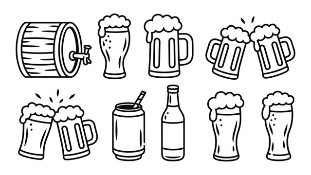 Collection of black and white line art icons featuring various beer containers and glasses